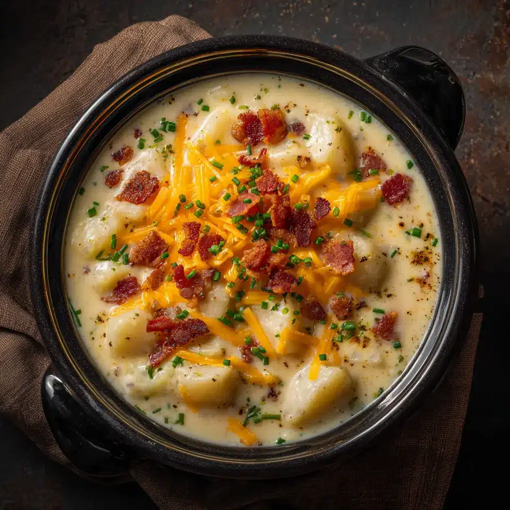 A close-up of a spoonful of loaded crock pot potato soup, showing the chunks of tender potato, bacon, and melted cheese.