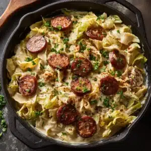An overhead close-up shot of the low carb cajun sausage and cabbage skillet, showing the texture of the seared sausage and wilted cabbage.