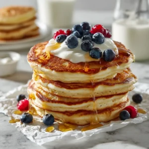 A close-up shot of a stack of golden-brown low-carb pancakes made with coconut flour, garnished with fresh berries.