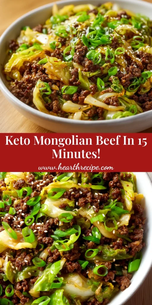 A serving of Low-Carb Mongolian Ground Beef in a white bowl with chopsticks, garnished with sesame seeds and green onions. The perfect easy and healthy keto dinner recipe.