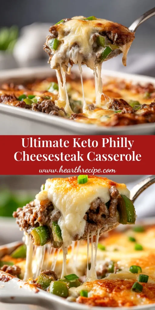 A delicious Low Carb Philly Cheesesteak Casserole in a black cast iron skillet, topped with perfectly melted provolone cheese and ready to be served.