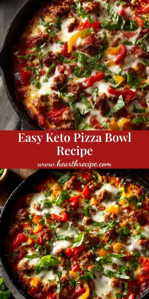 An overhead shot of a cheesy low carb pizza bowl in a white bowl, topped with pepperoni and ready to eat.