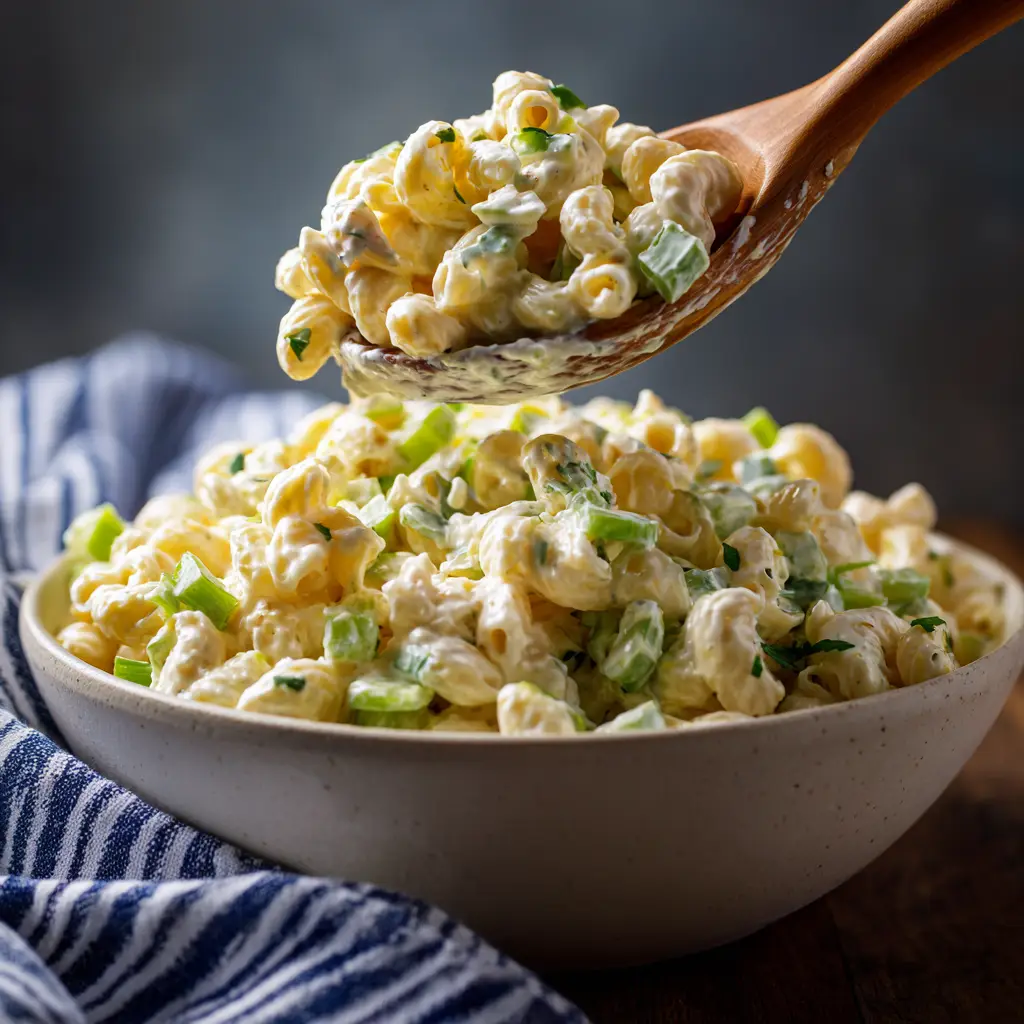 A close-up view of the ingredients in the macaroni salad, including diced red onion, celery, and bell pepper.