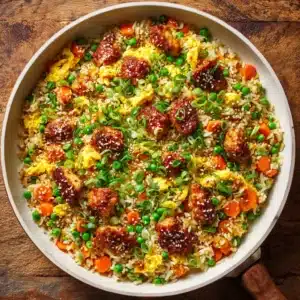 A close-up shot of Bang Bang Fried Rice in a wok, showing the creamy homemade bang bang sauce being mixed in with rice, chicken, and vegetables.