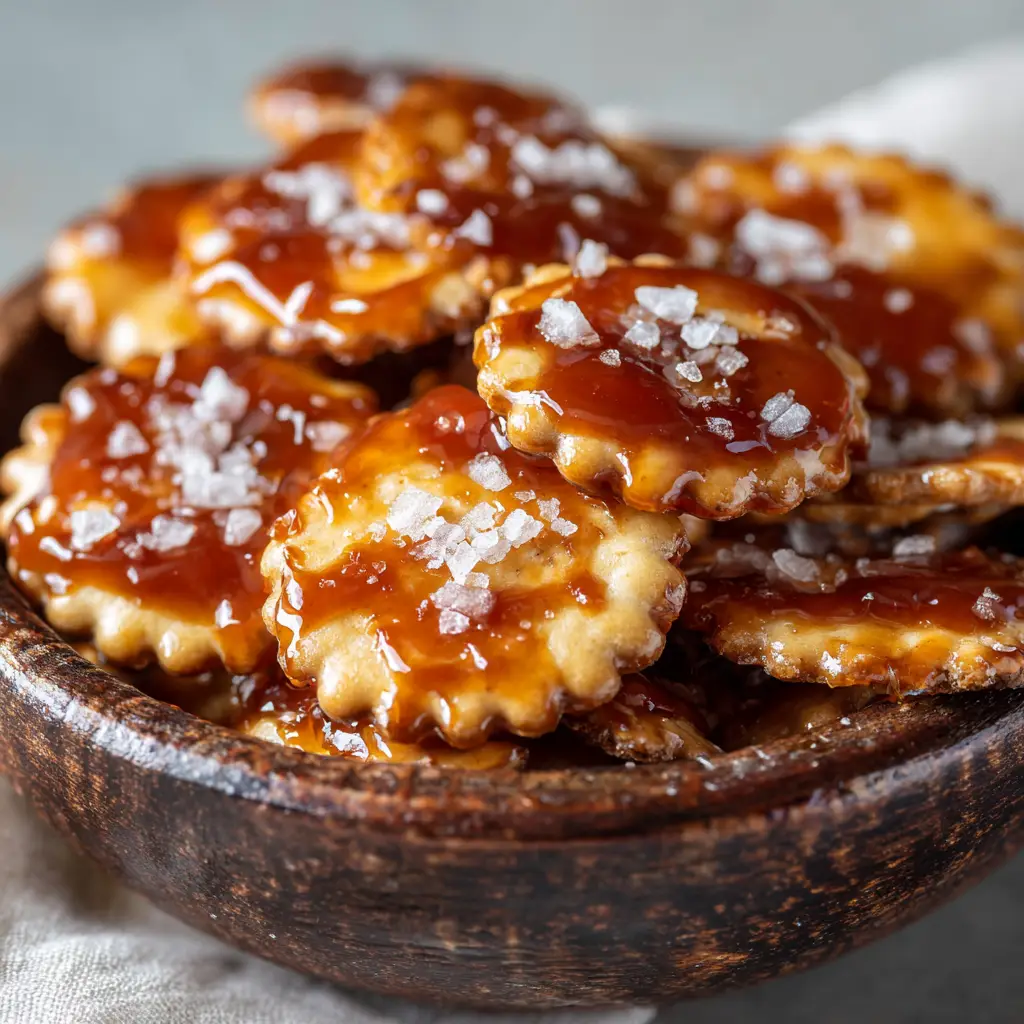 Pouring the hot caramel toffee mixture over a single layer of saltine crackers on a baking sheet.