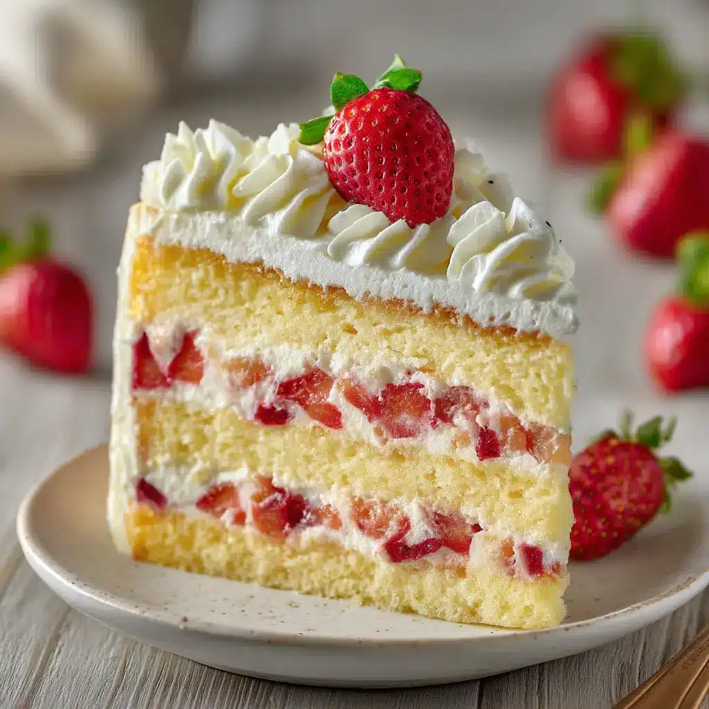 The creamy vanilla custard being spread onto a layer of vanilla sponge cake during the assembly of the strawberry custard cake.