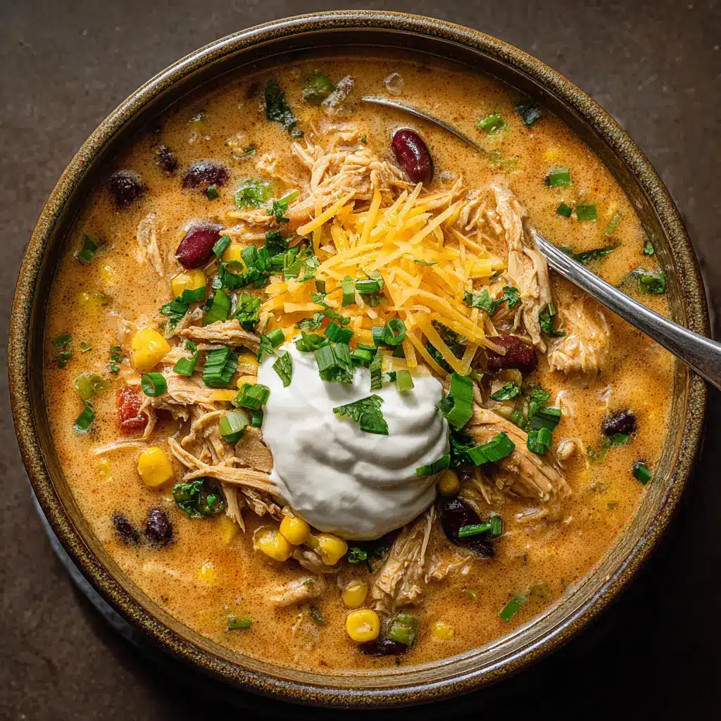 A close-up action shot showing the cream cheese melting into the slow cooker chicken chili, creating a swirl of white in the rich, savory broth.