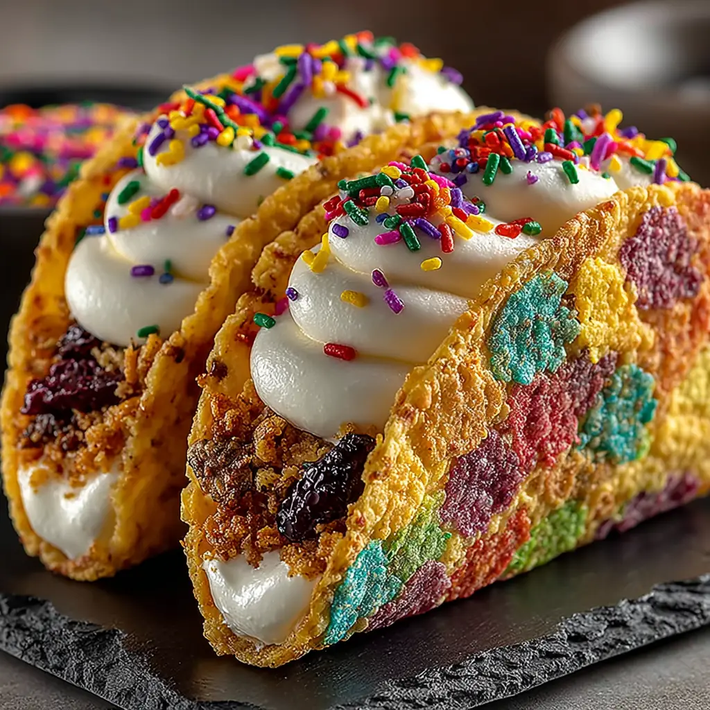 The process of assembling the no-bake cheesecake tacos, with filling being piped into the colorful Fruity Pebbles shells.