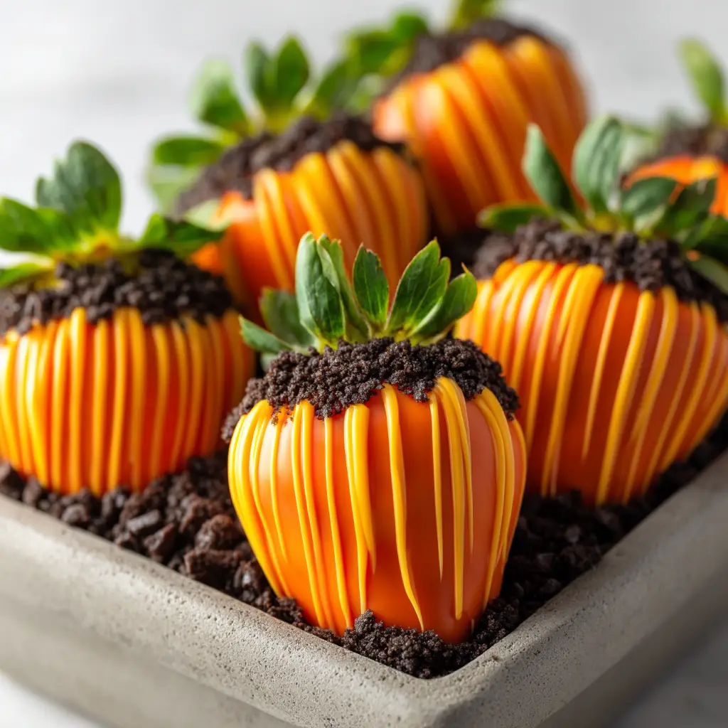 Pumpkin Patch Strawberries (The Cutest Halloween Treat!) 1 A step-by-step visual showing strawberries being dipped in melted orange candy melts to create a pumpkin effect for a no-bake Halloween treat.