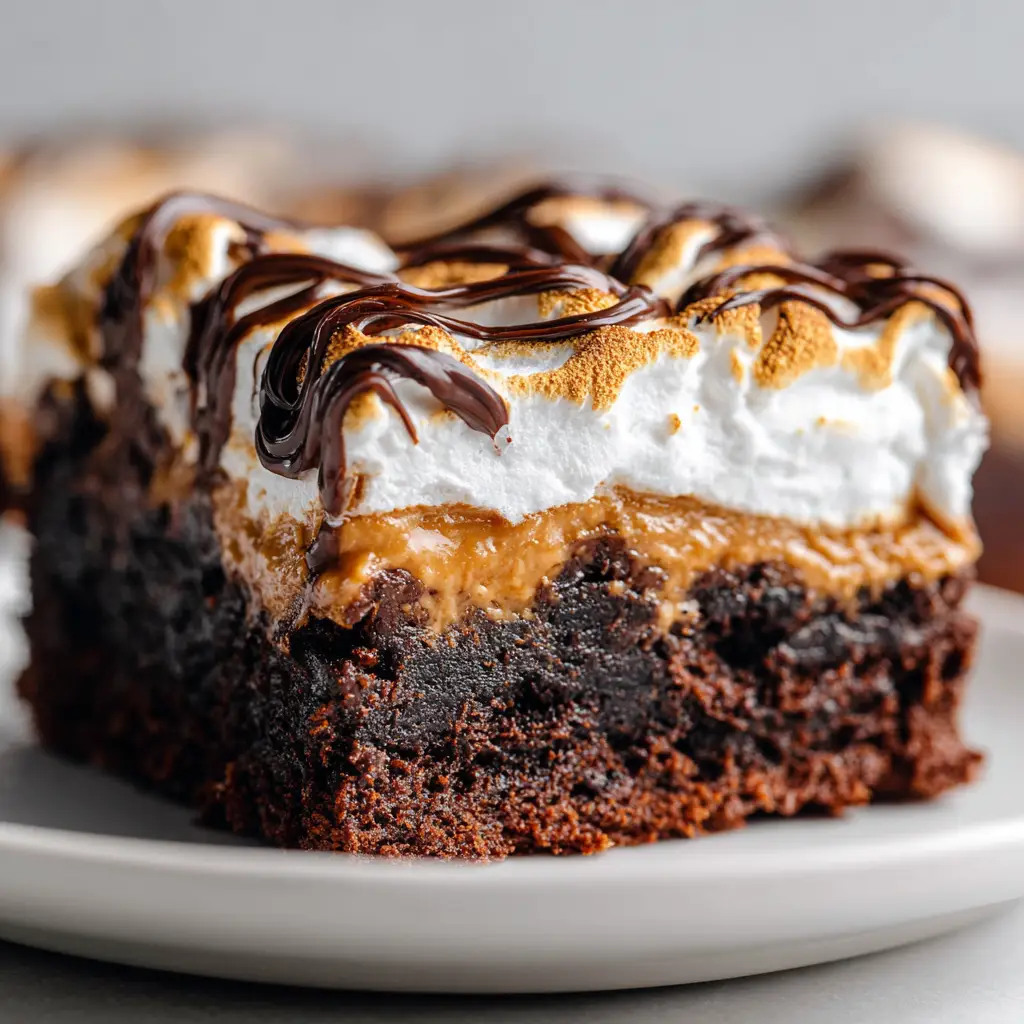 A pan of freshly baked brownies with a peanut butter swirl and a layer of miniature marshmallows before the final toasting in the oven. The process is shown clearly.