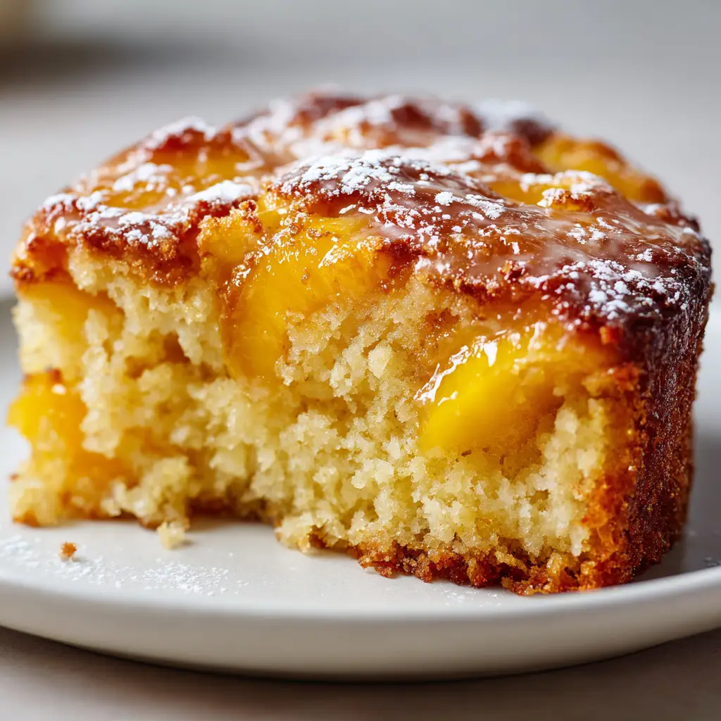 A baker's hands gently folding freshly chopped peaches into a creamy cake batter in a glass mixing bowl.