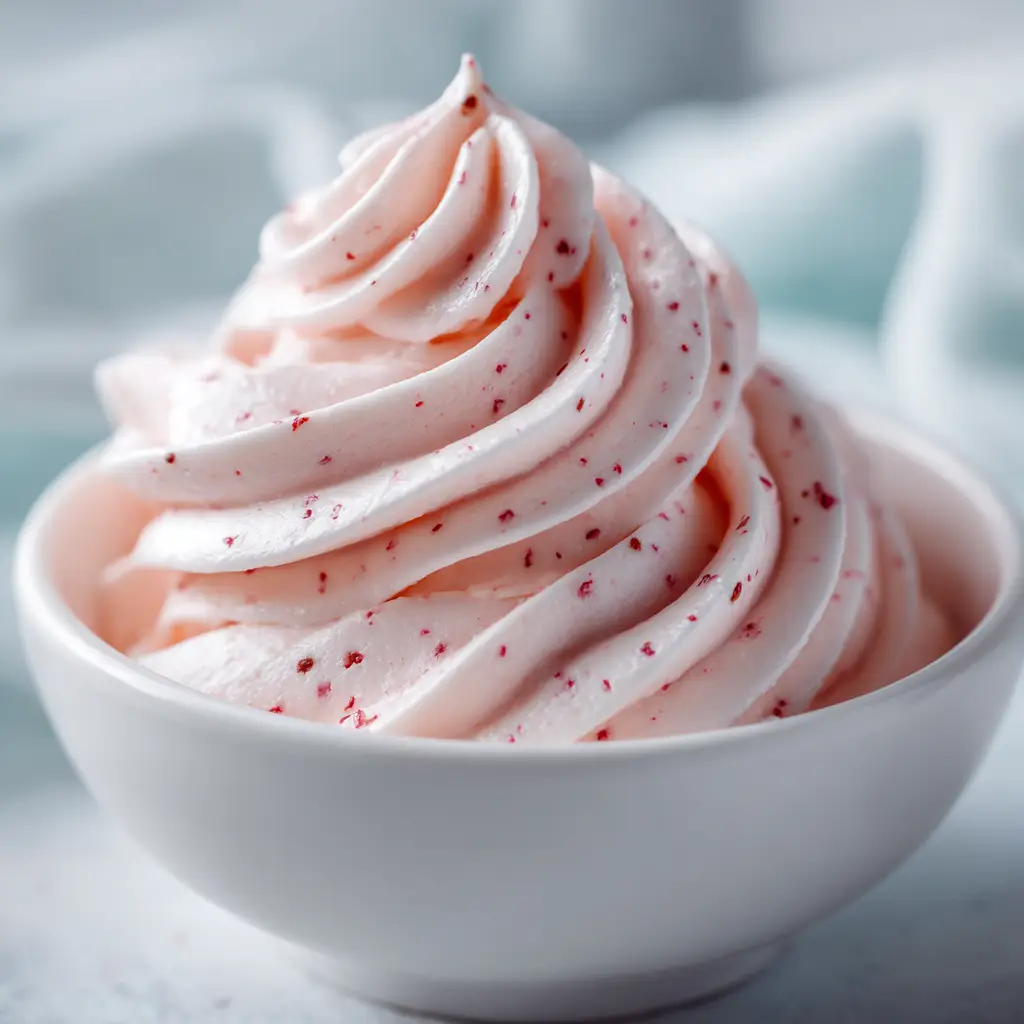 A spatula swirling through a bowl of freshly made strawberry marshmallow buttercream, showing its smooth, pipeable consistency.