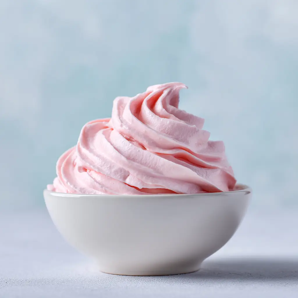 A spatula lifting a generous swirl of pink strawberry marshmallow frosting from a mixing bowl, ready to be spread on a cake.