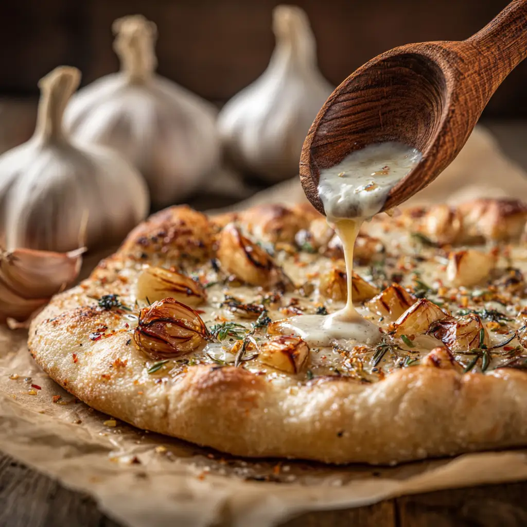 A small saucepan filled with freshly made, smooth white garlic pizza sauce, ready to be used.