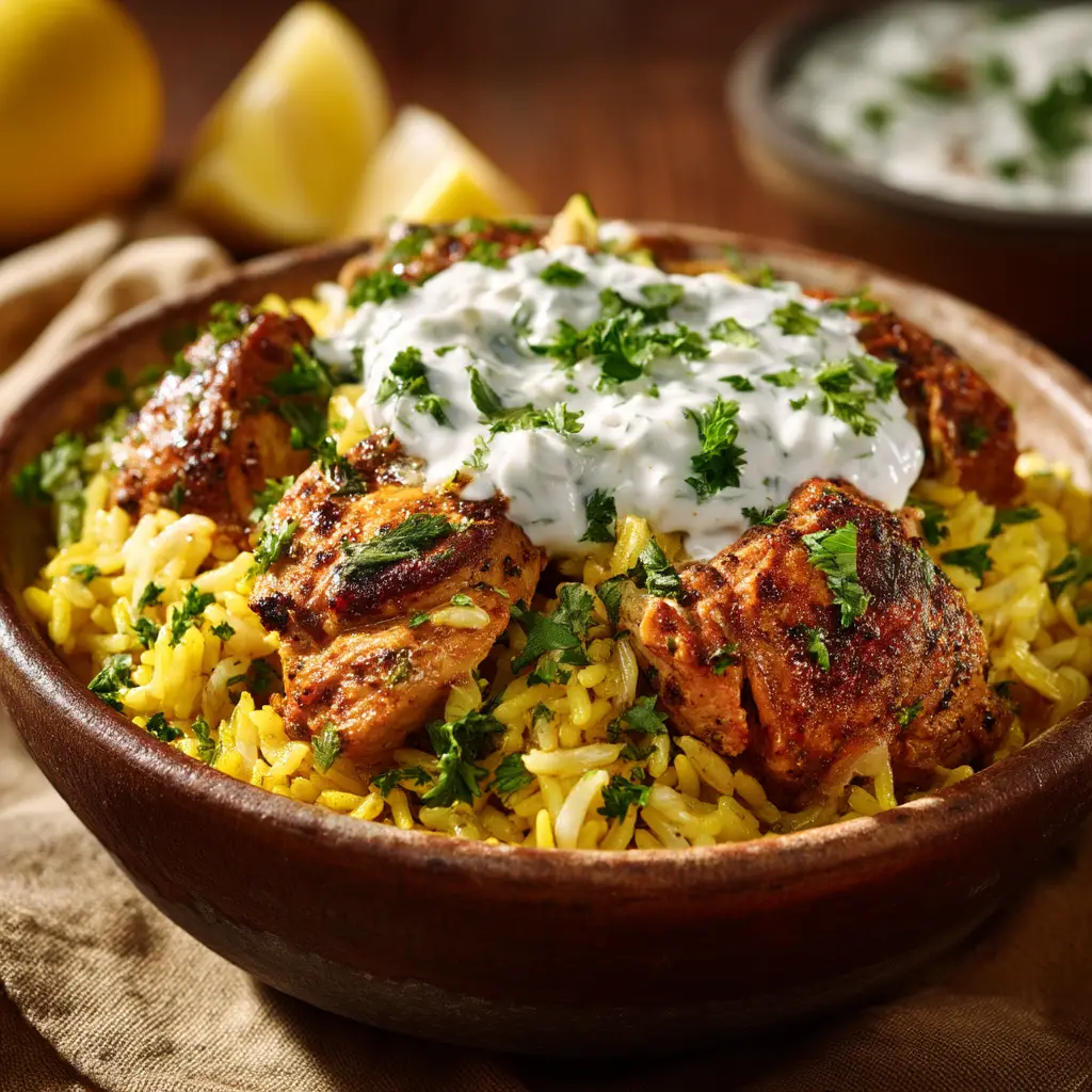 Chicken Tzatziki Rice: A Flavorful Greek-Inspired Bowl 2 A close-up view of the juicy, marinated Greek chicken and fluffy lemon herb rice in a white bowl, ready to be eaten.