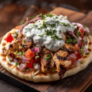 A close-up shot of the juicy, marinated Greek chicken used for the gyros, showing its texture and seasoning.