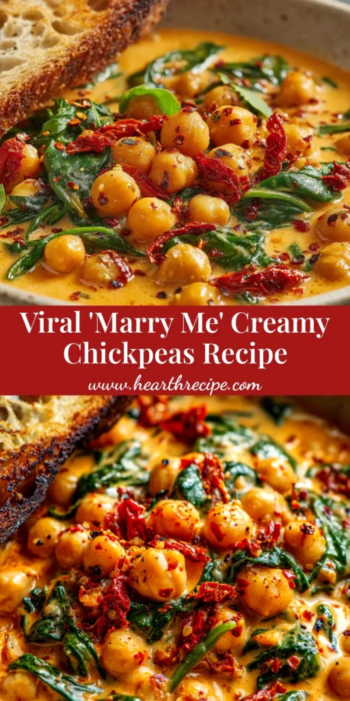 A skillet of creamy Marry Me Chickpeas with sun-dried tomato sauce and spinach, ready to be served. This one-pan vegetarian dinner is quick, easy, and incredibly delicious.