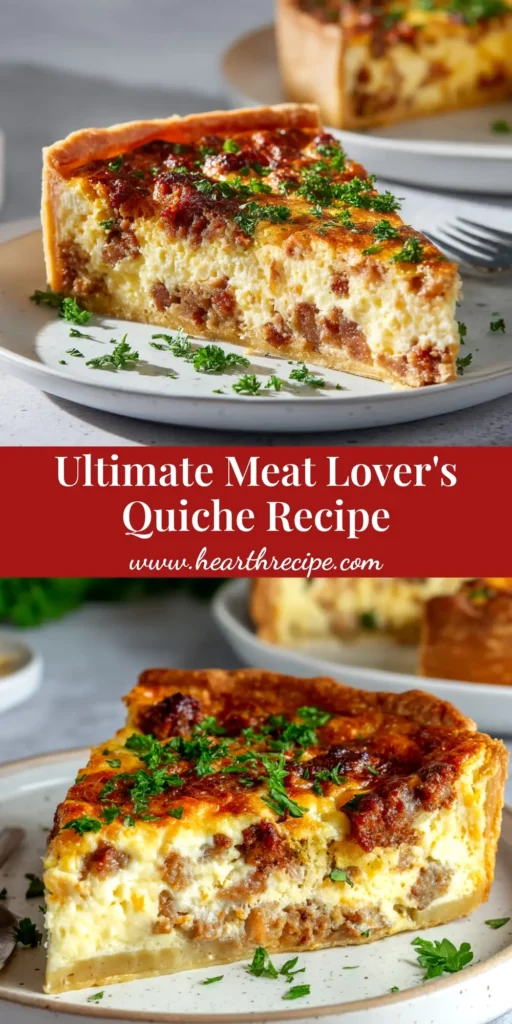 A tall, beautiful pin image showing a hearty Meat Lovers Quiche with text overlay for Pinterest.