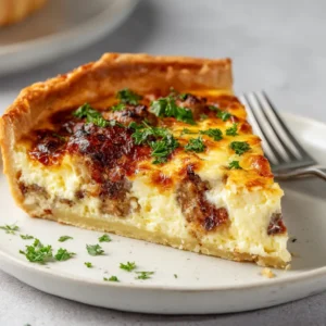 A thick, generous slice of a deep-dish meat lovers quiche served on a white plate, showing layers of egg, cheese, and meat.
