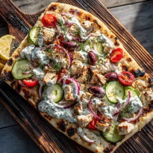 An overhead close-up shot of a rustic Greek chicken flatbread, showing the texture of the tender chicken and crumbled feta cheese.
