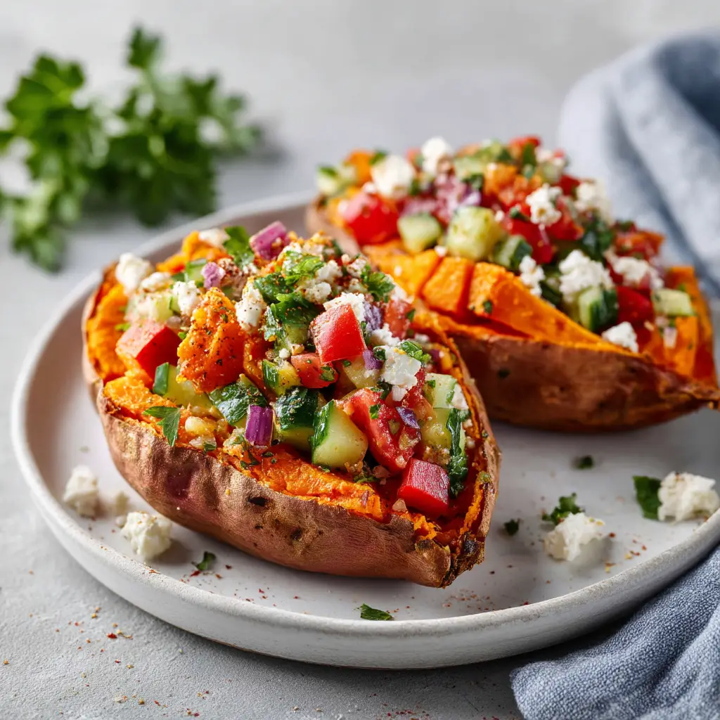 Mediterranean Stuffed Sweet Potatoes (Easy & Healthy) 1 A bowl of fresh Mediterranean topping with chickpeas, tomatoes, cucumbers, and feta cheese, ready to be spooned into sweet potatoes.