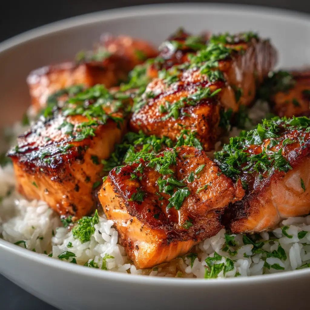 A close-up shot of a forkful of flaky salmon and zesty lemon rice from the Mediterranean salmon dish.