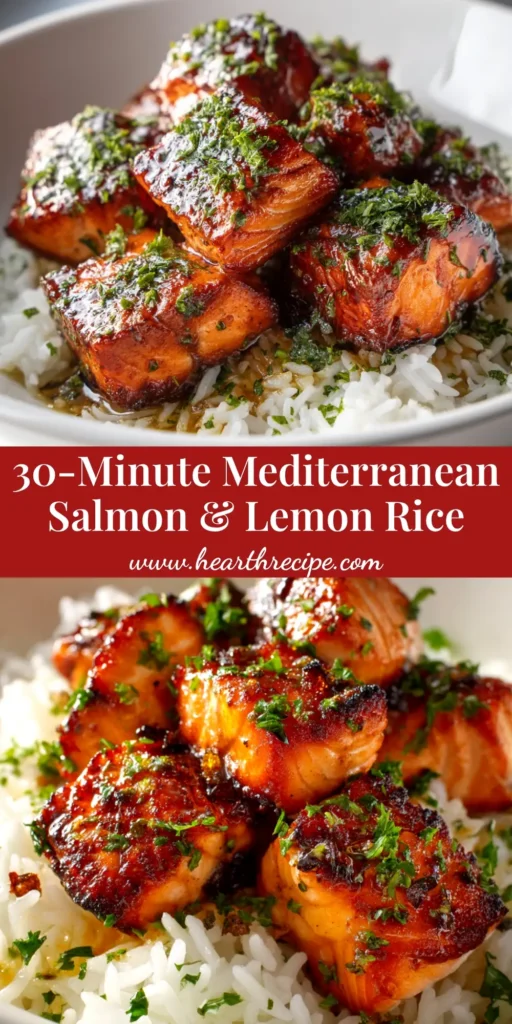 A beautiful platter of Mediterranean Salmon Lemon Rice, garnished with fresh dill and lemon slices. This one-pan meal is healthy, easy, and delicious.
