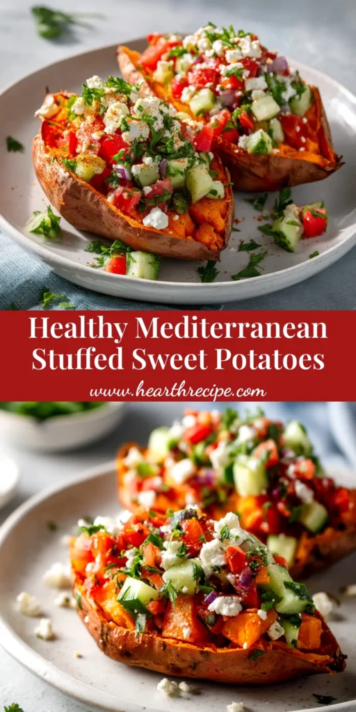Mediterranean Stuffed Sweet Potatoes (Easy & Healthy) 3 A close-up of two Mediterranean stuffed sweet potatoes filled with a colorful mix of chickpeas, tomatoes, feta, and herbs, ready to be eaten.