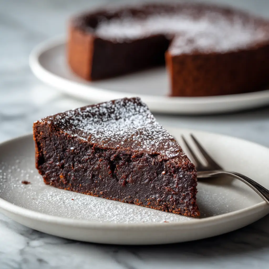 Flourless Chocolate Torte Recipe 1 A close-up of the glossy, melted chocolate and butter mixture for the gluten-free chocolate torte recipe.