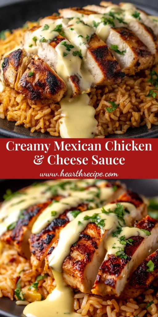 An overhead shot of a skillet filled with Mexican chicken with cheese sauce, garnished with fresh cilantro. The chicken is sliced and covered in a creamy, orange cheese sauce.