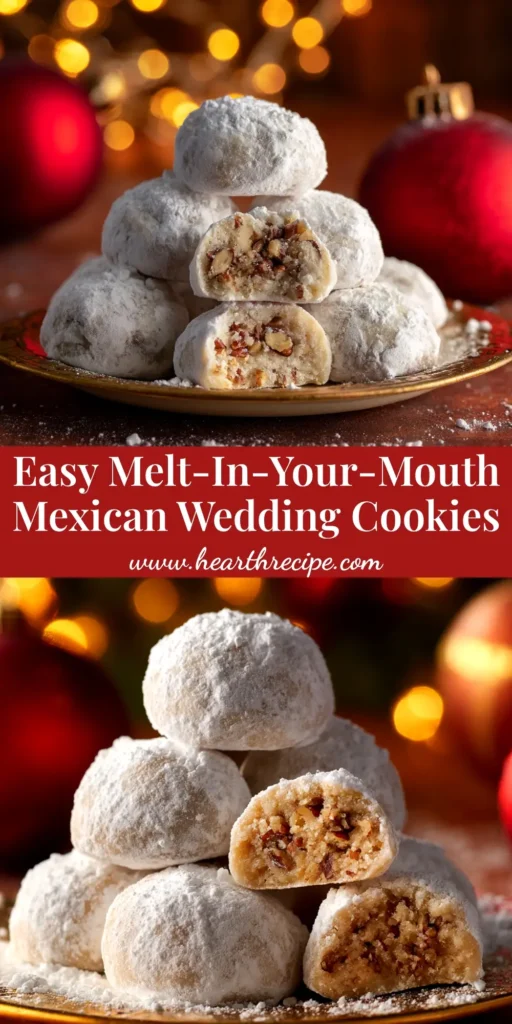 Mexican Wedding Cookies: The Ultimate Buttery Pecan Recipe 3 A pyramid stack of Mexican Wedding Cookies covered in powdered sugar, with a few pecans scattered around on a rustic wooden surface.