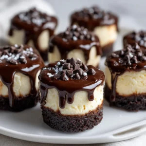 A close-up view of several mini cheesecakes with a brownie base, neatly arranged on a cooling rack after baking.