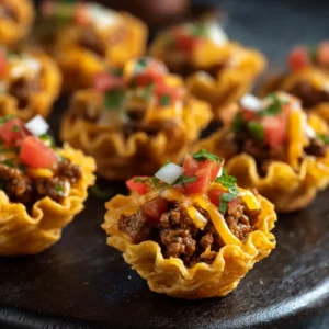 A close-up shot of mini taco ranch appetizer bites, highlighting the cheesy, seasoned ground beef filling inside a golden crescent roll cup.