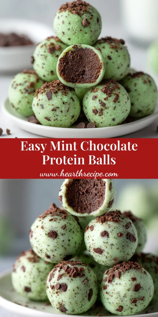 A stack of no-bake mint chocolate chip protein balls on a plate. These healthy energy bites are perfect for a quick and easy snack.