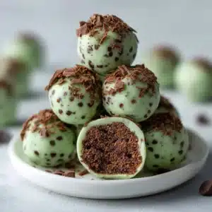 An extreme close-up shot of a mint chocolate chip protein ball, showing the texture of oats and mini chocolate chips.