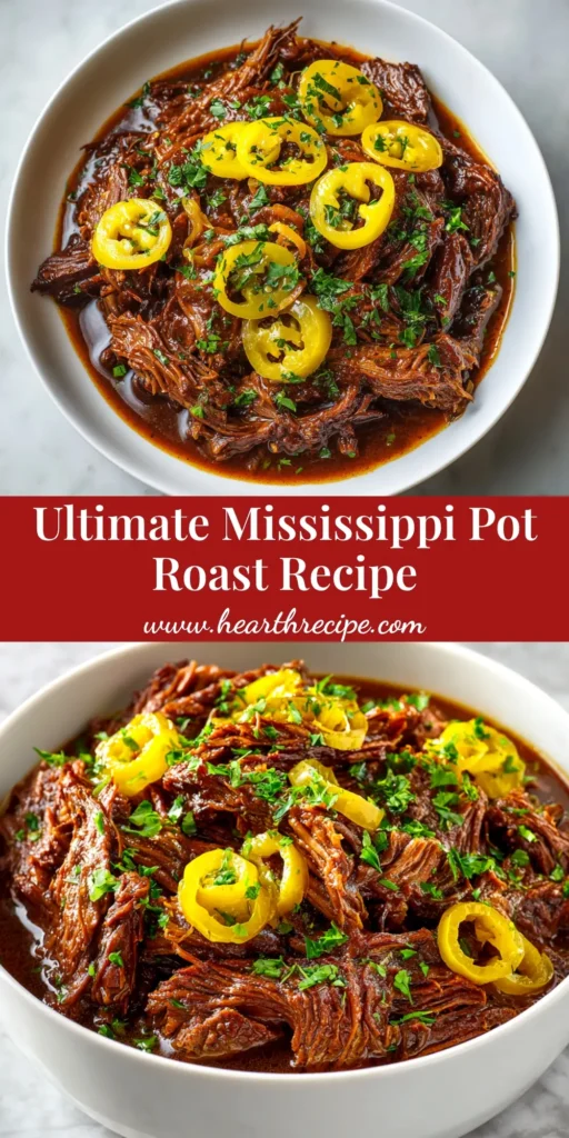An overhead shot of a slow cooker filled with juicy, shredded Mississippi Pot Roast, ready to be served. The rich gravy and tender beef are visible.