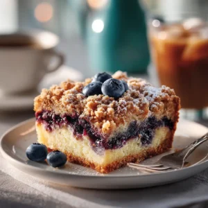 A close-up shot of a perfect square slice of blueberry coffee cake. The image highlights the tender, moist crumb of the cake and the abundant juicy blueberries within.