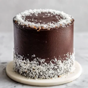 A close-up shot of a slice of moist chocolate coconut cake on a plate, highlighting the tender crumb and thick coconut frosting.