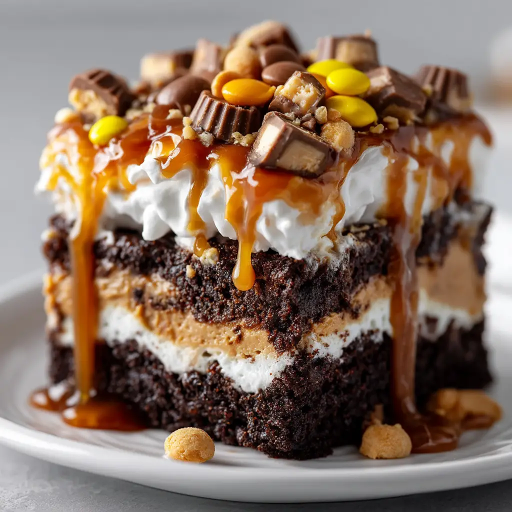 An extreme close-up shot of the moist chocolate cake layer infused with creamy peanut butter filling.