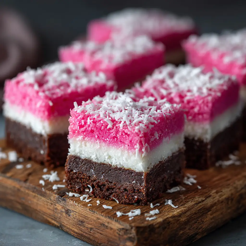 A single Pink Coconut Snowball Cake Bar on a fork, revealing the soft cake interior and fluffy marshmallow frosting.