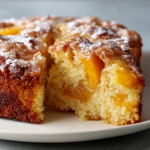 An extreme close-up of a single slice of moist peach cake on a white plate, showing the tender crumb and juicy peach chunks.