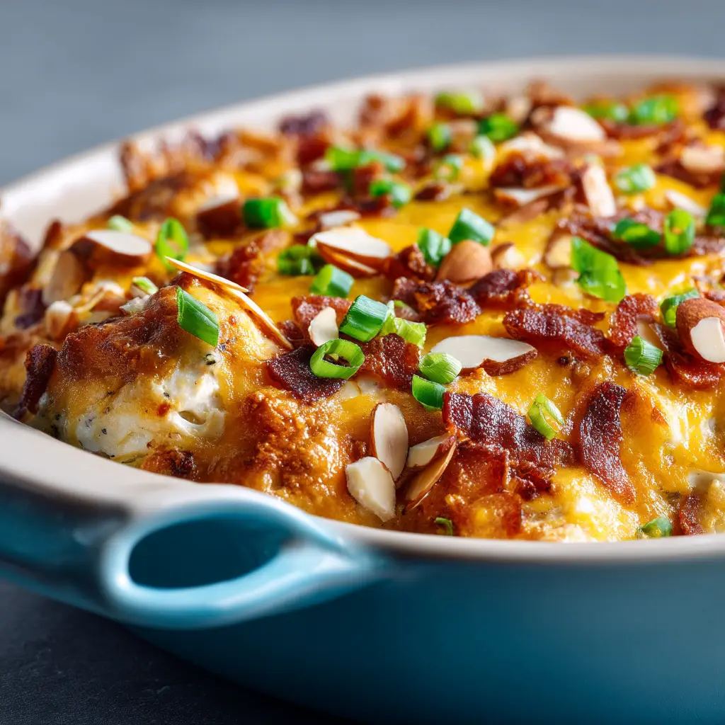 A single serving of the Neiman Marcus Chicken Casserole on a white plate, garnished with fresh parsley.