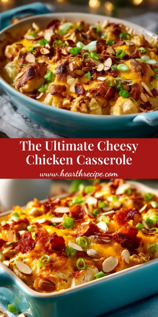 A top-down view of the finished Neiman Marcus Chicken Casserole in a baking dish, showing the golden-brown cheesy and nutty topping.