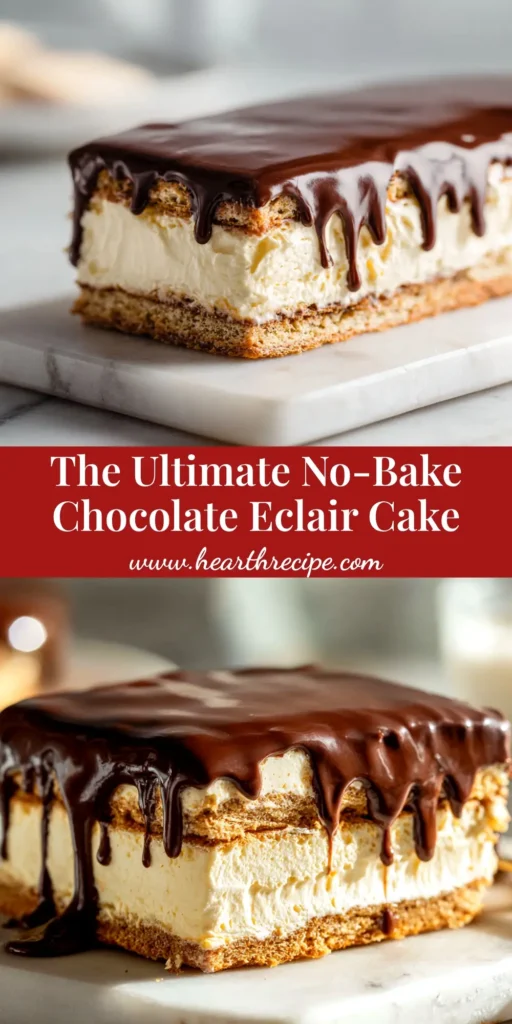 A pin image for the No-Bake Chocolate Eclair Cake recipe, showing a slice on a plate with text overlay about the easy, delicious dessert.