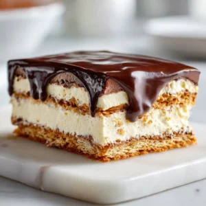 A perfect slice of no-bake chocolate eclair cake on a white plate, showing the distinct layers of graham cracker, creamy vanilla pudding, and chocolate ganache.