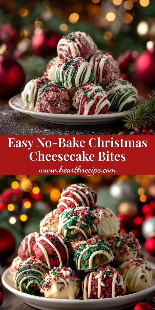 No-Bake Christmas Cheesecake Bites: The Ultimate Festive Treat 3 A platter of No-Bake Christmas Cheesecake Bites decorated with red and green sprinkles and a drizzle of white chocolate.