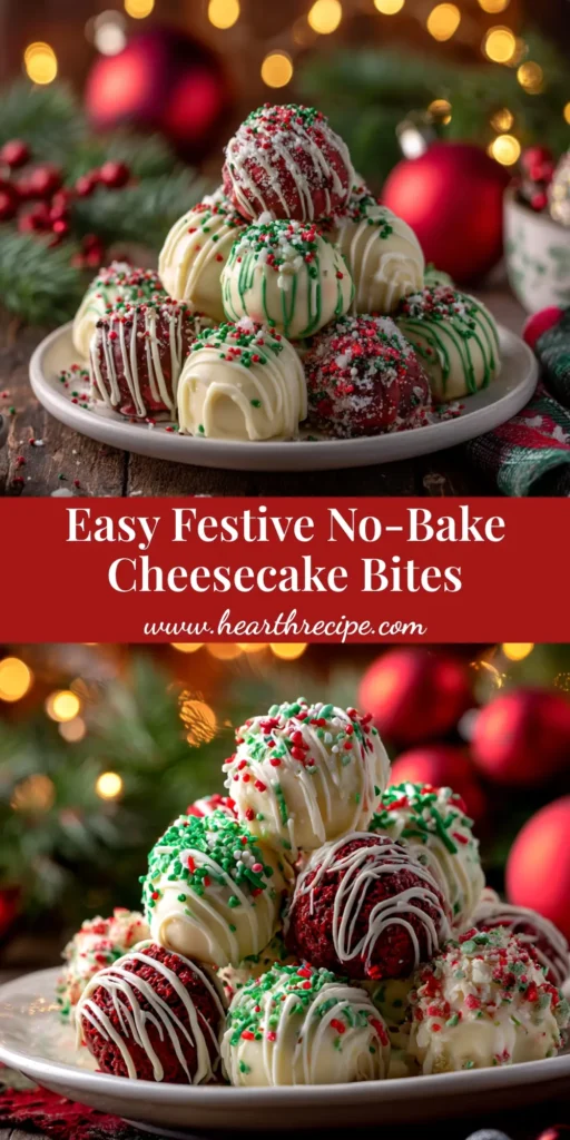 A platter of No-Bake Christmas Cheesecake Bites coated in white chocolate and decorated with festive red and green sprinkles, ready for a holiday party.
