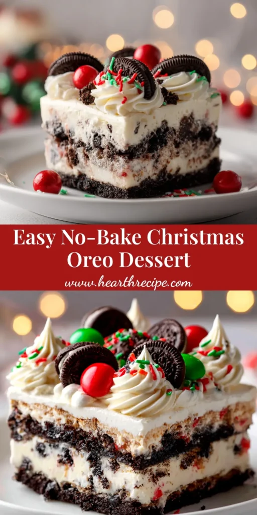 A festive slice of No-Bake Christmas Oreo Lasagna on a plate, showing the distinct layers of Oreo crust, cream cheese, chocolate pudding, and a whipped topping with Christmas sprinkles.