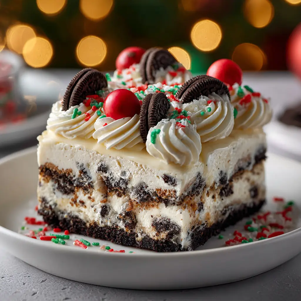 The full 9x13 pan of No-Bake Christmas Oreo Lasagna, decorated with a white chocolate drizzle and holiday sprinkles before being sliced.