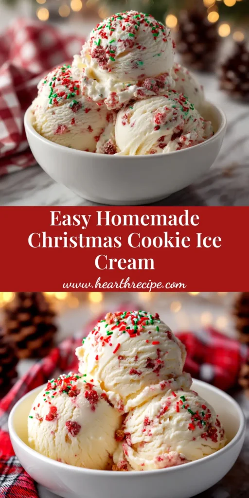 Christmas Cookie Ice Cream (The Easiest Festive Recipe!) 3 An overhead shot of a loaf pan filled with creamy Christmas cookie ice cream, garnished with cookie crumbles and festive sprinkles.